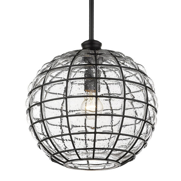 Powell Matte Black and Seeded Glass 14-Inch One-Light Pendant, image 1